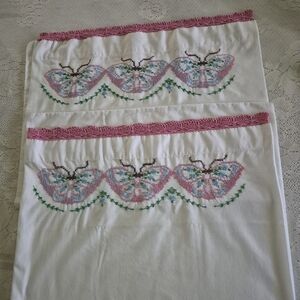 Handmade Vintage Embroidered Butterfly Pillowcases